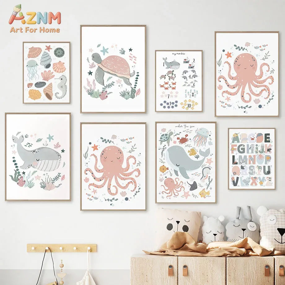 Kids Education Number - AZNM Nursery Sea Animal Canvas Wall